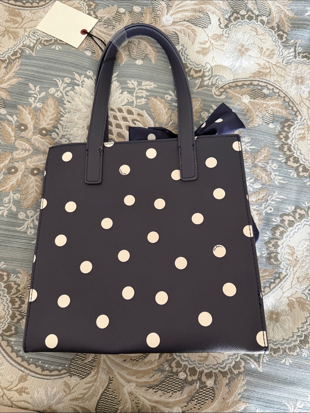 NWT Ted Baker London Polka Dot Tote Bag Scarf Bow Navy Cream - Picture 2 of 3